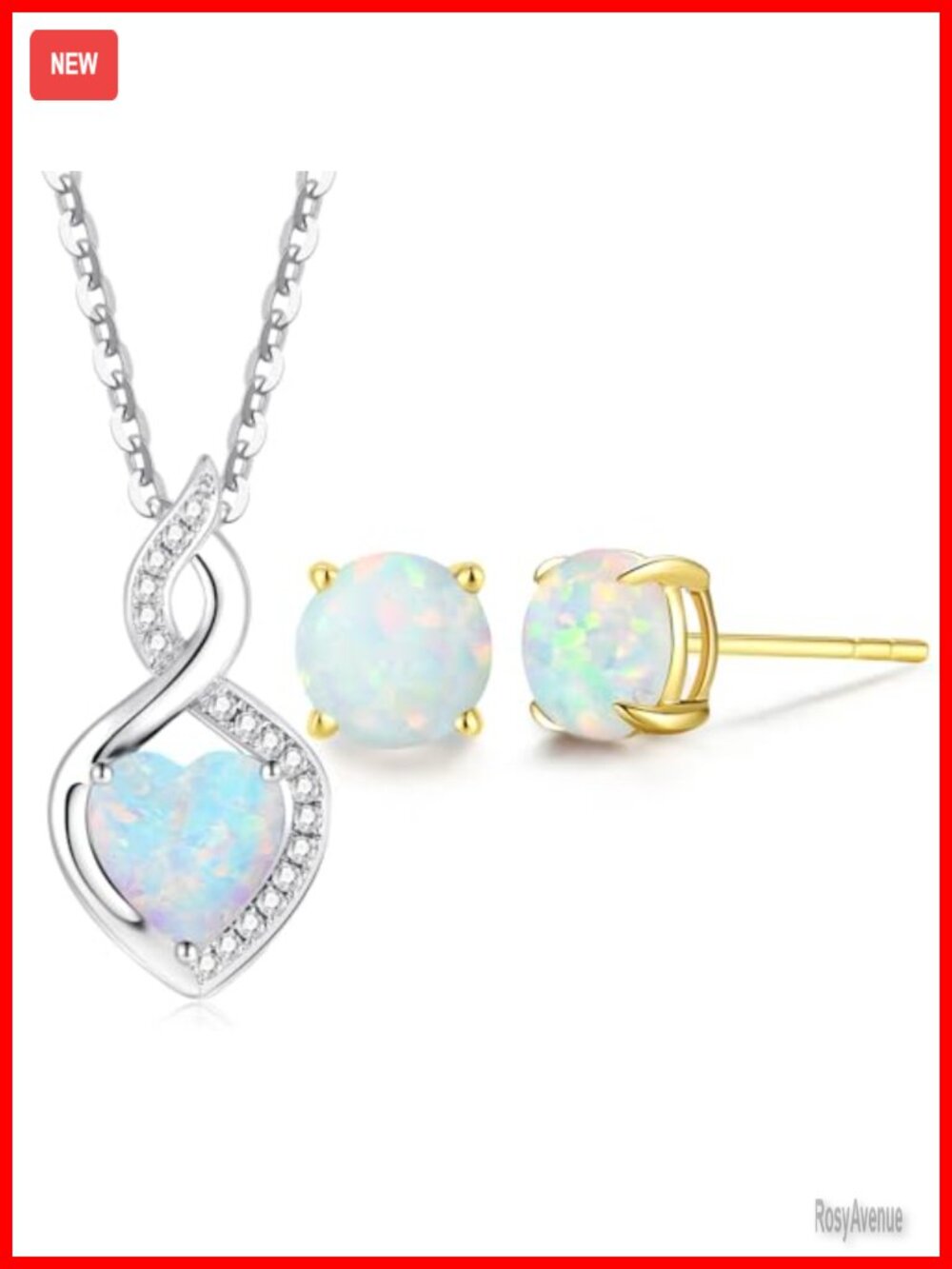 14K Gold Opal Heart Necklace Earrings Set